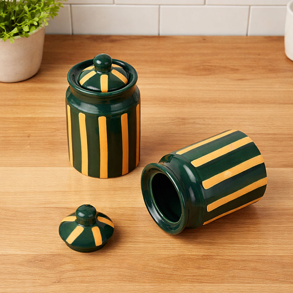 Ceramic Jars with Lid (Set of 2, 500 ml each, Green & Mustard Striped) - View 3