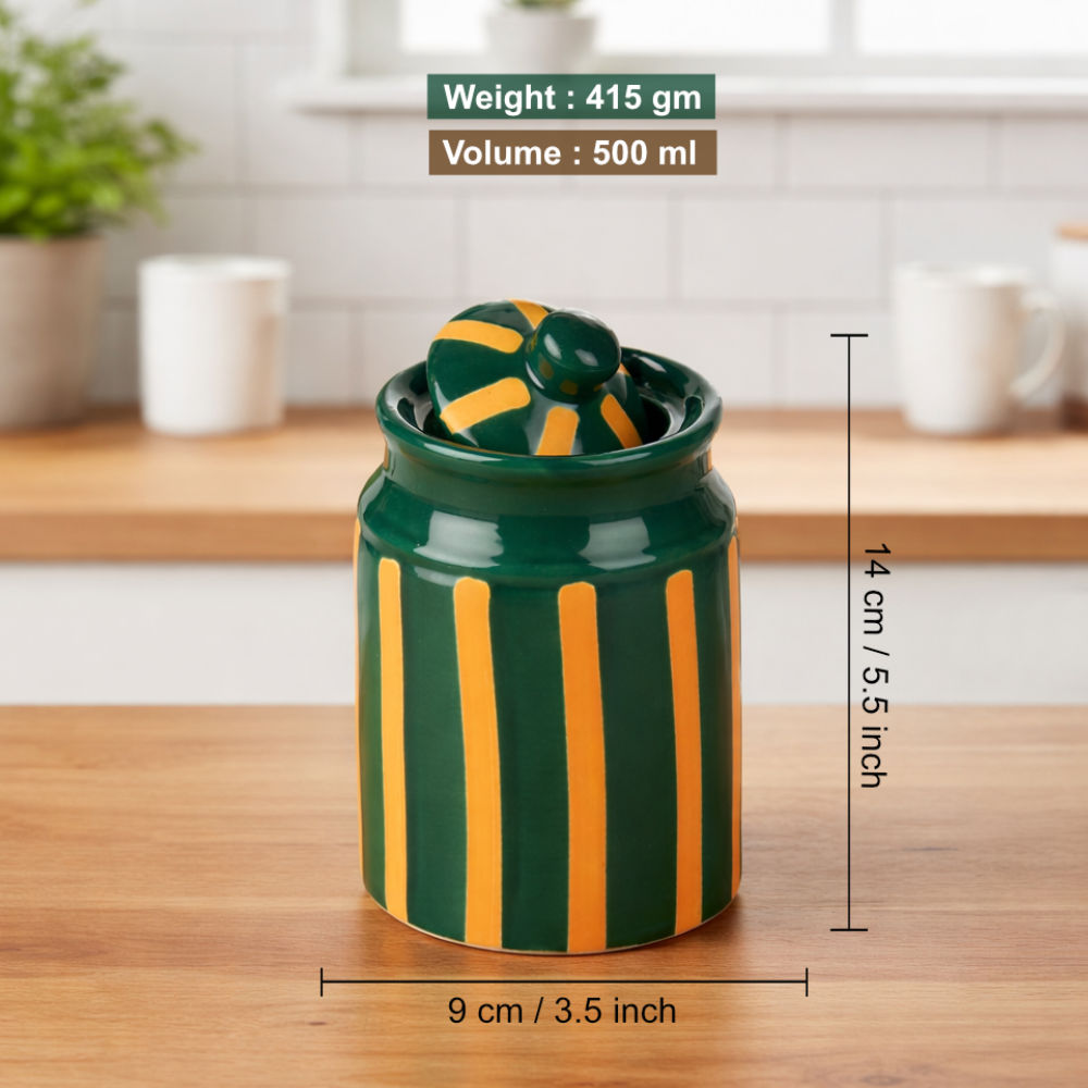 Ceramic Jars with Lid (Set of 2, 500 ml each, Green & Mustard Striped) - View 2