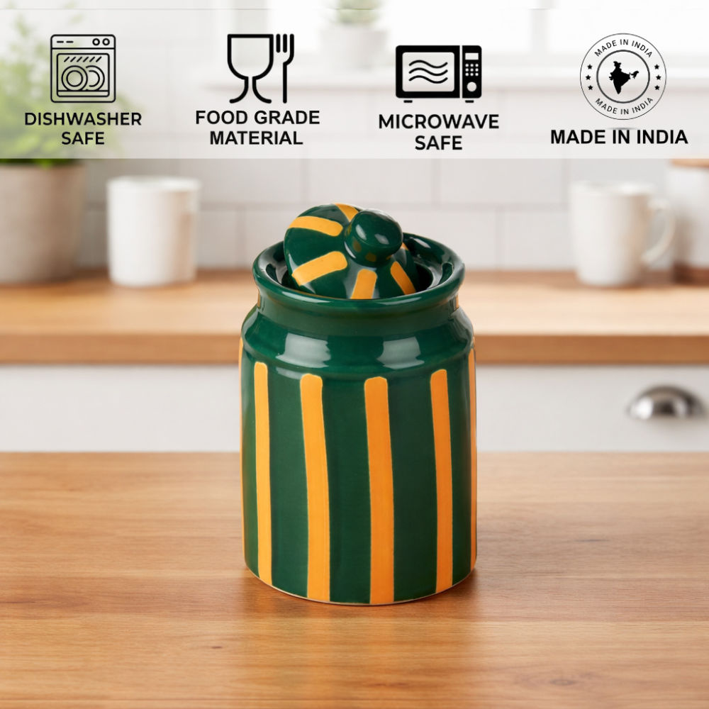 Ceramic Jars with Lid (Set of 2, 500 ml each, Green & Mustard Striped) - View 4