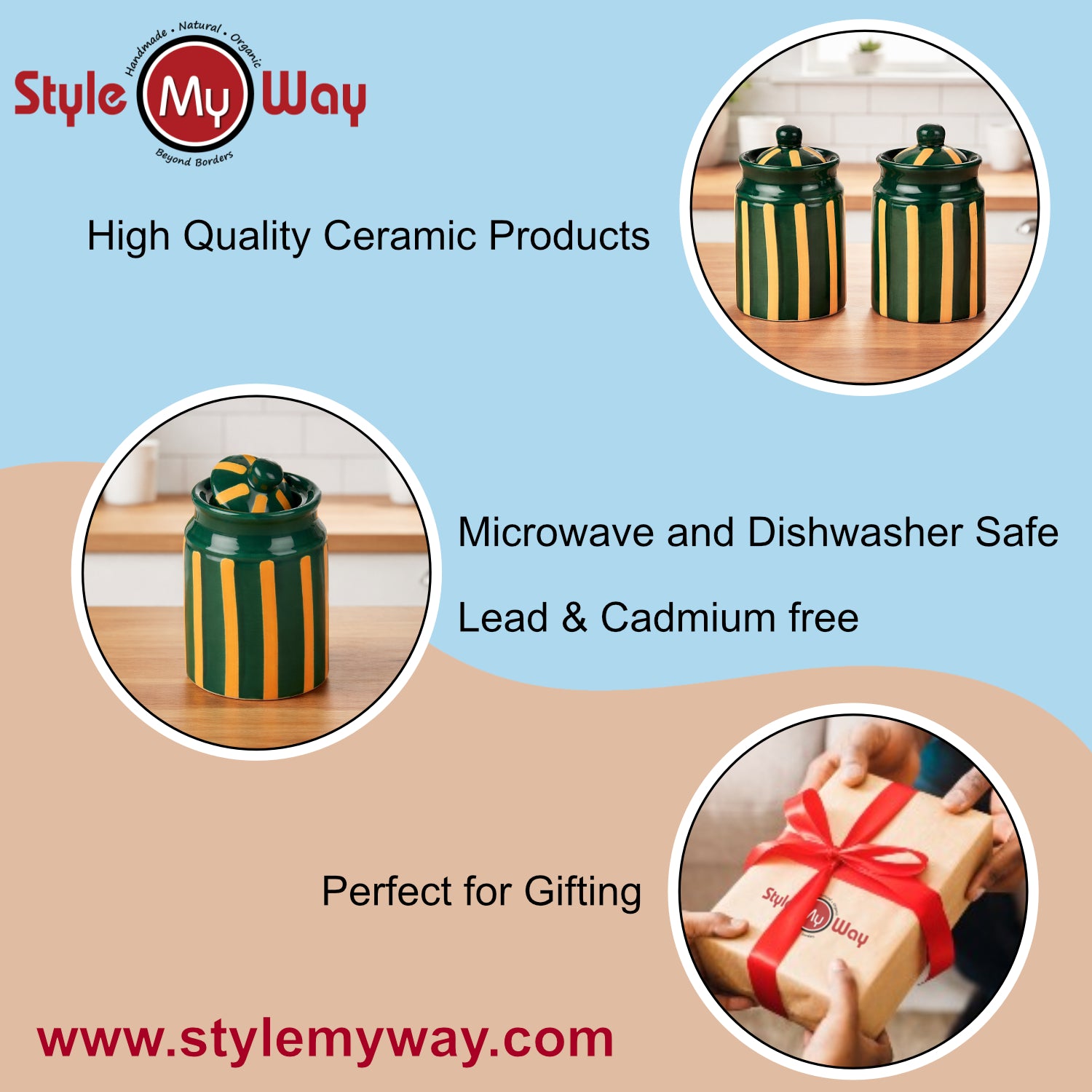 Ceramic Jars with Lid (Set of 2, 500 ml each, Green & Mustard Striped) - View 5