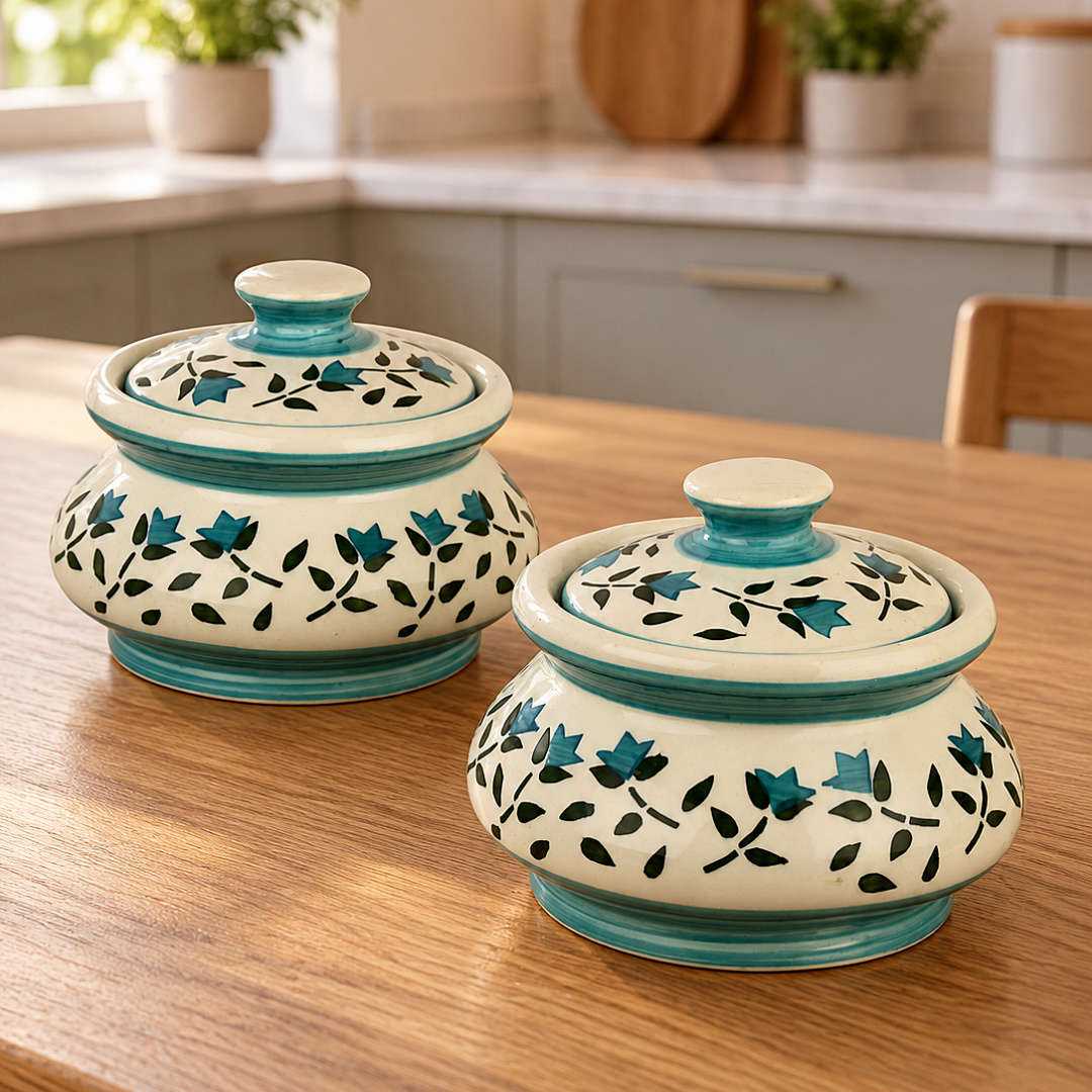 Ceramic Handi with Lid - White - Green - White - 750 ml each - Set of 2