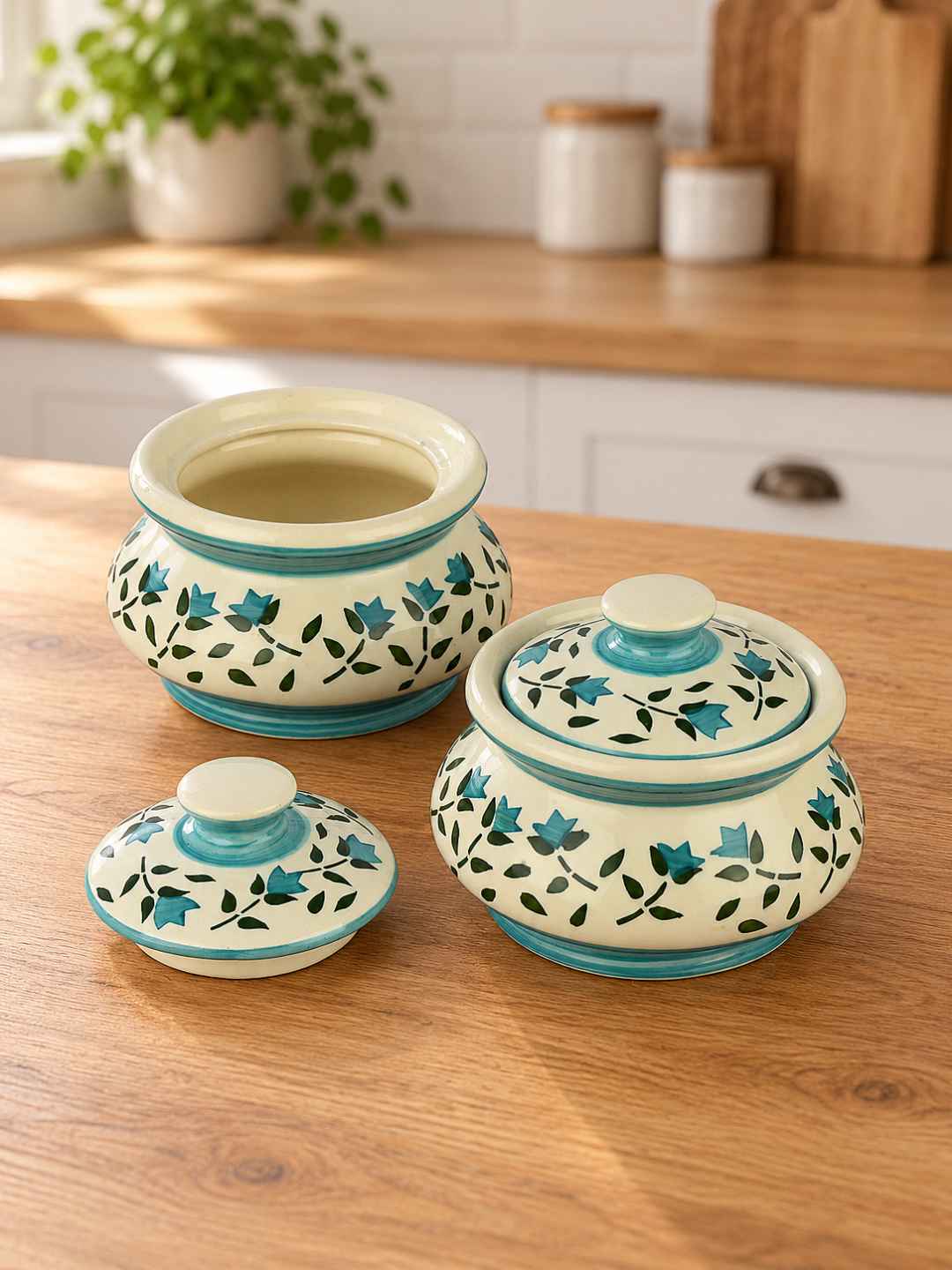 Ceramic Handi with Lid - White - Green - White - 750 ml each - Set of 2