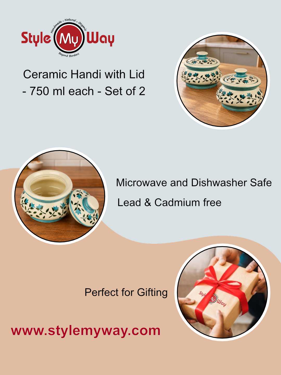 Ceramic Handi with Lid - White - Green - White - 750 ml each - Set of 2