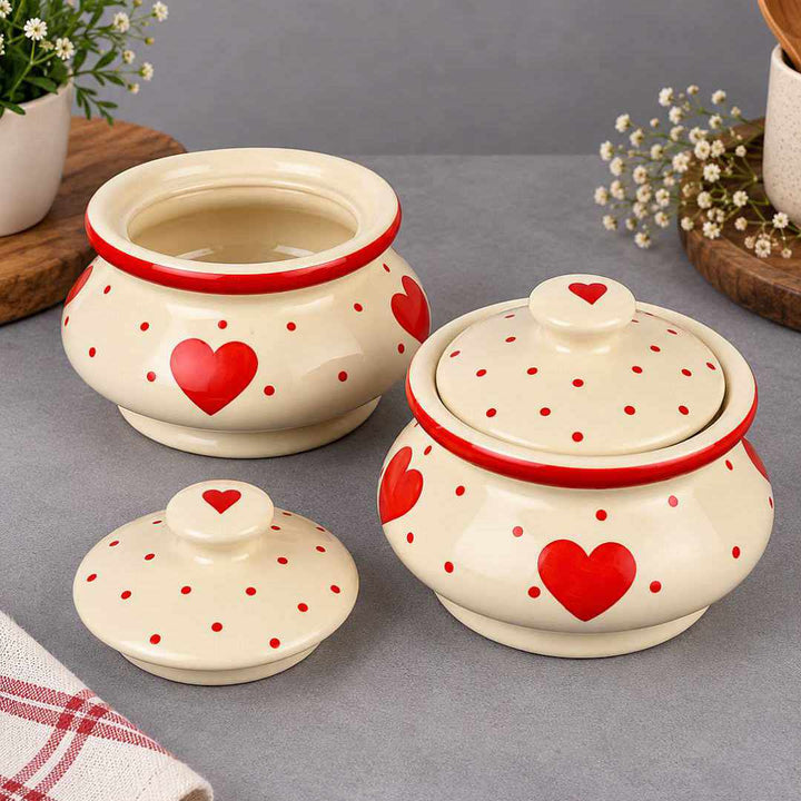 Ceramic Heart Design Handi with Lid - Red - White - 750 ml each - Set of 2