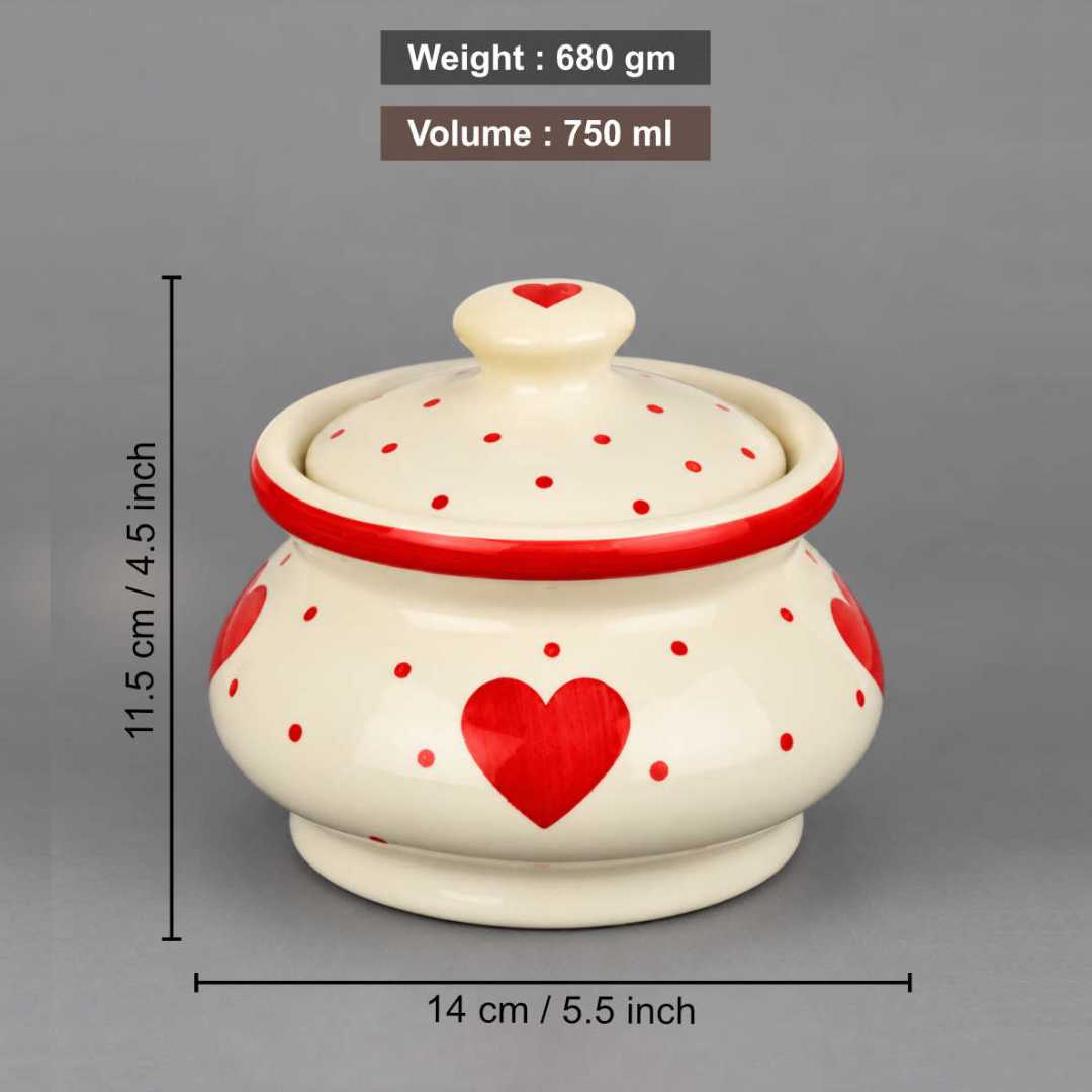 Ceramic Heart Design Handi with Lid - Red - White - 750 ml each - Set of 2