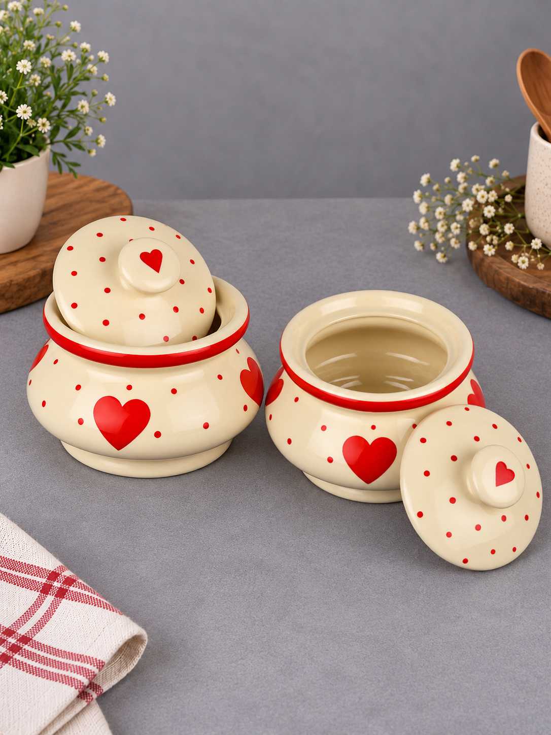 Ceramic Heart Design Handi with Lid - Red - White - 750 ml each - Set of 2