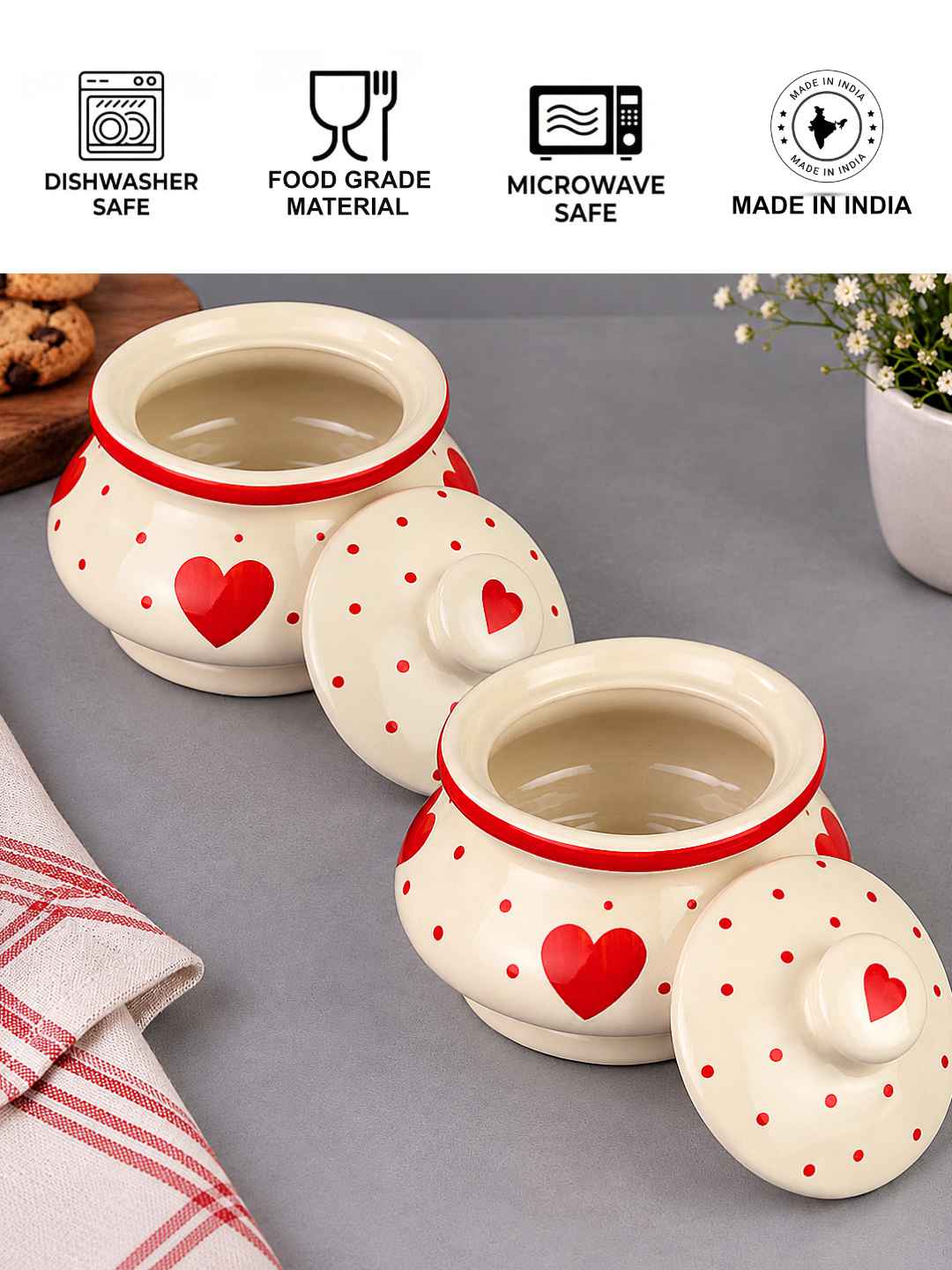 Ceramic Heart Design Handi with Lid - Red - White - 750 ml each - Set of 2