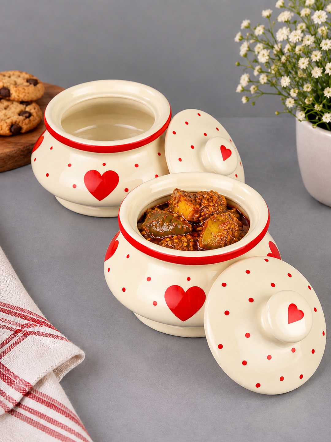 Ceramic Heart Design Handi with Lid - Red - White - 750 ml each - Set of 2