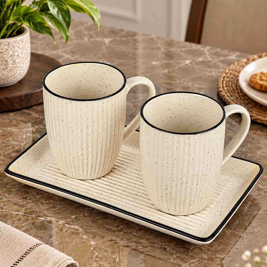 Off White Ceramic Tea & Coffee Mug Set with Serving Tray (2 Speckled Ribbed Mugs, 400 ml each, 25 x 15 cm Tray )