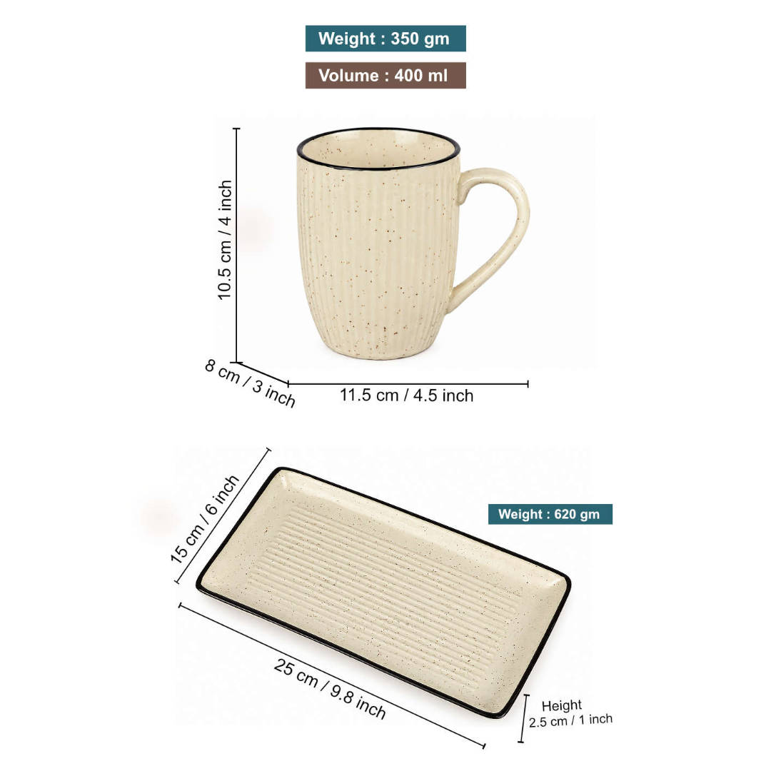 Off White Ceramic Tea & Coffee Mug Set with Serving Tray (2 Speckled Ribbed Mugs, 400 ml each, 25 x 15 cm Tray )