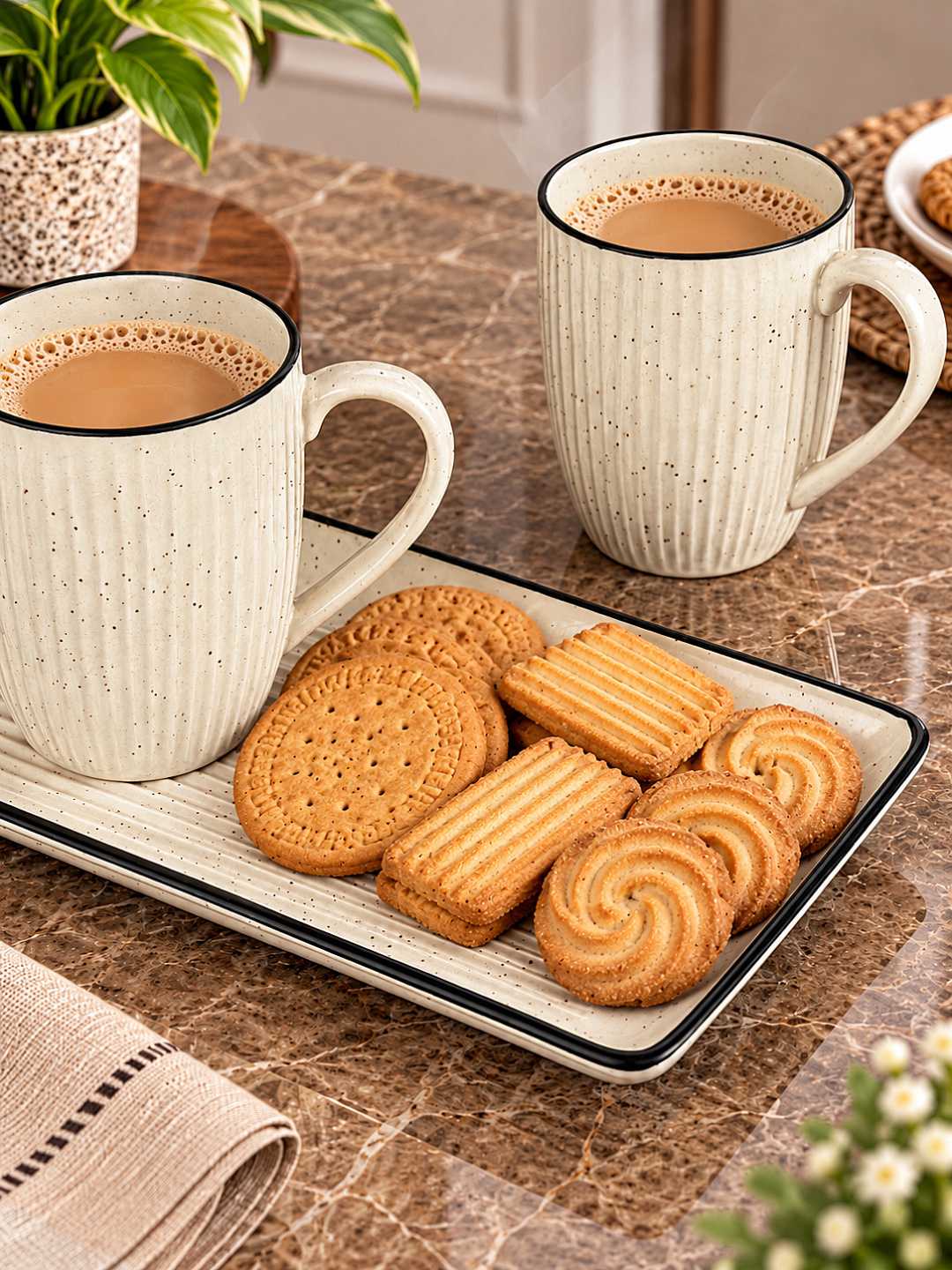 Off White Ceramic Tea & Coffee Mug Set with Serving Tray (2 Speckled Ribbed Mugs, 400 ml each, 25 x 15 cm Tray )