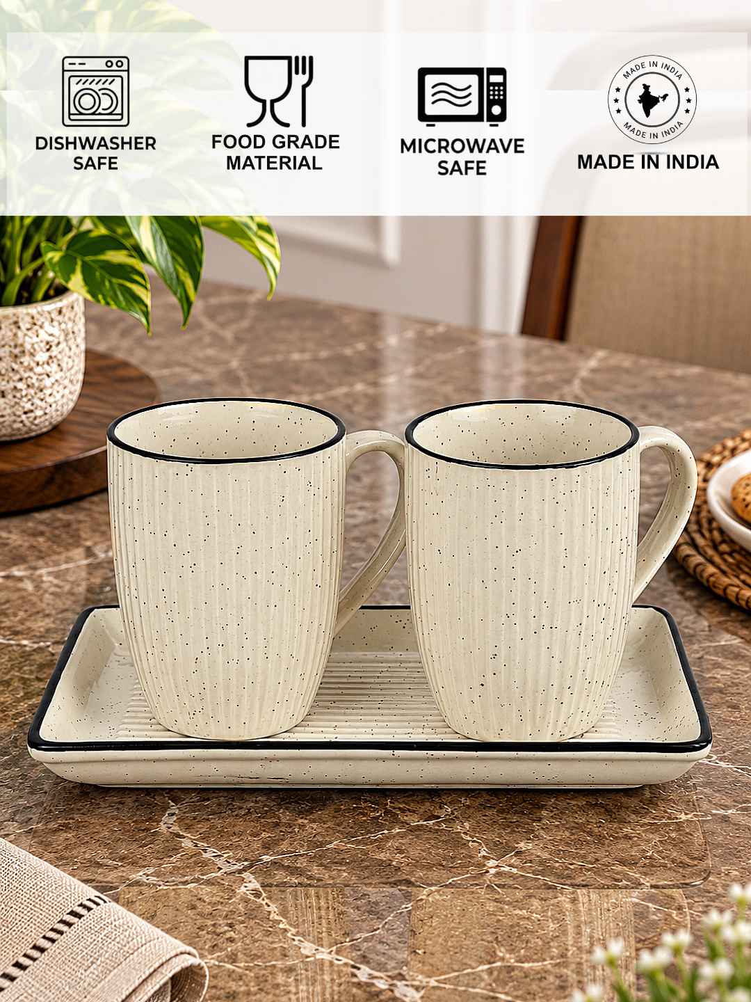 Off White Ceramic Tea & Coffee Mug Set with Serving Tray (2 Speckled Ribbed Mugs, 400 ml each, 25 x 15 cm Tray )