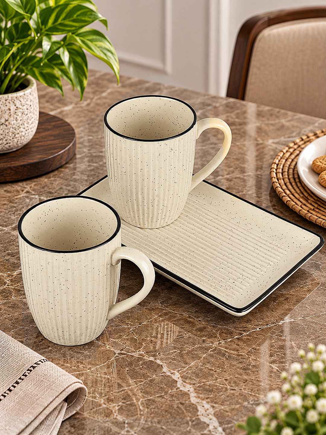 Off White Ceramic Tea & Coffee Mug Set with Serving Tray (2 Speckled Ribbed Mugs, 400 ml each, 25 x 15 cm Tray )