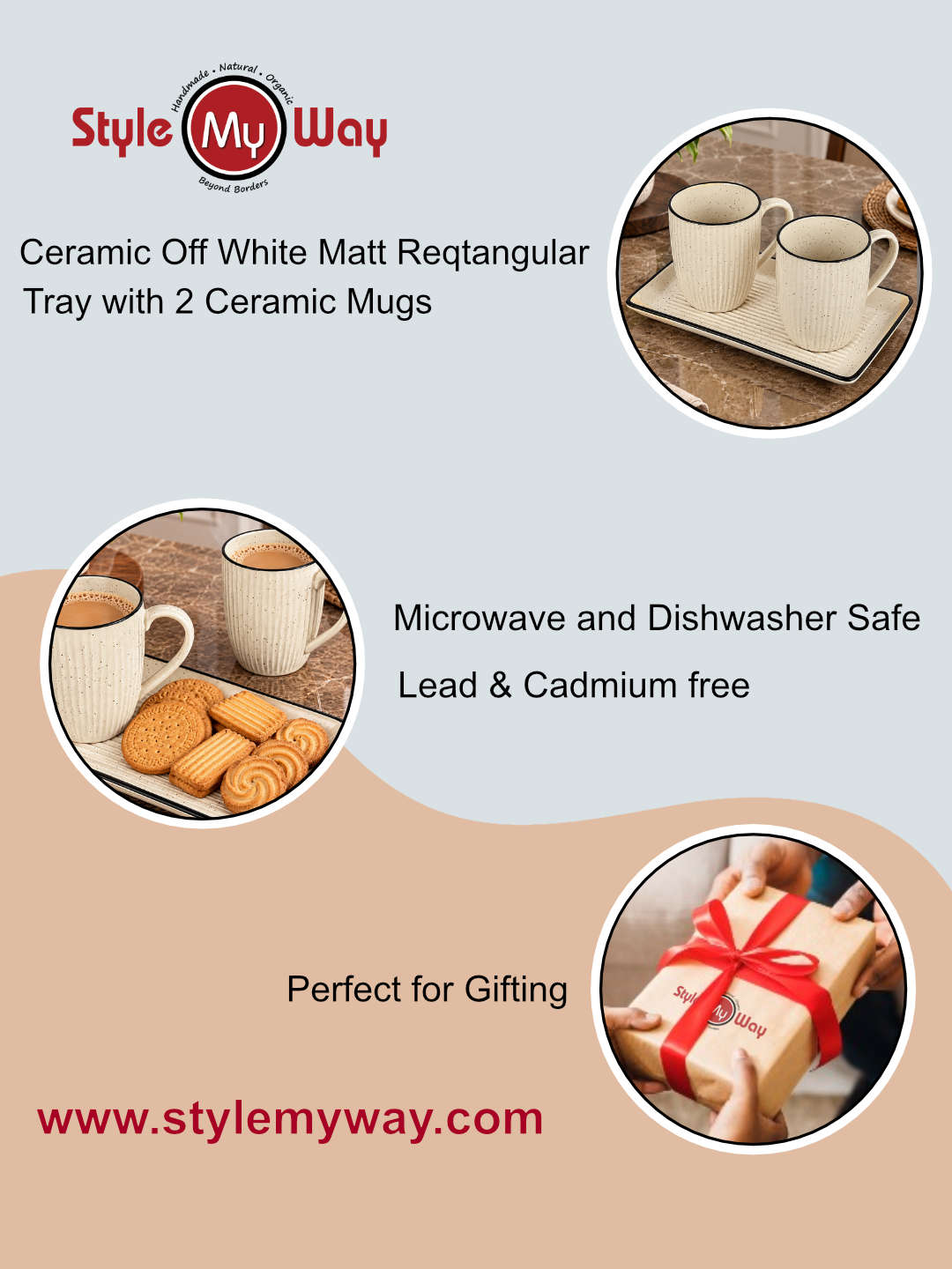 Off White Ceramic Tea & Coffee Mug Set with Serving Tray (2 Speckled Ribbed Mugs, 400 ml each, 25 x 15 cm Tray )