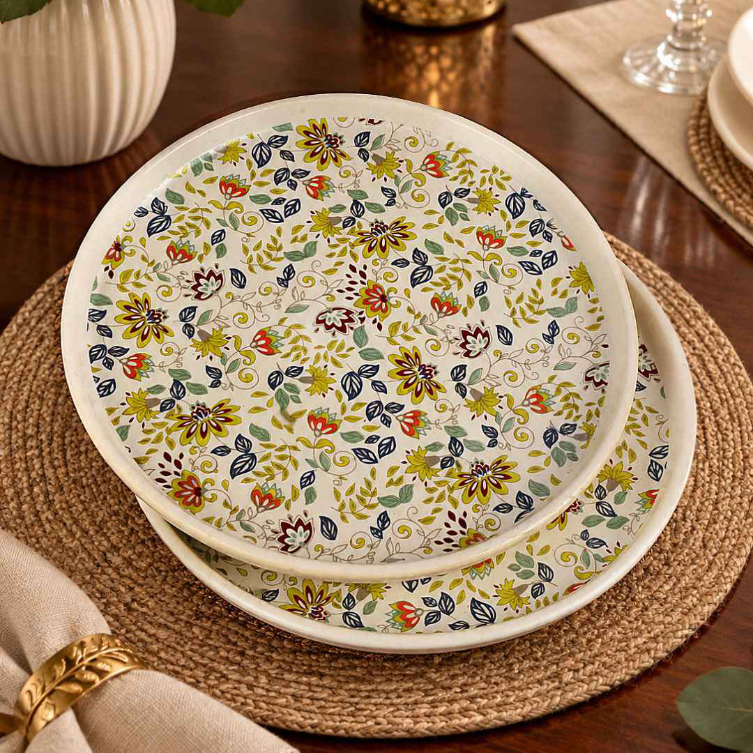 Ceramic Decal Dinner Plates with Raised Rim- Set of 2- Multicolor-26 cm