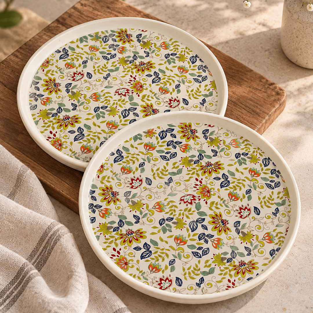 Ceramic Decal Dinner Plates with Raised Rim- Set of 2- Multicolor-26 cm