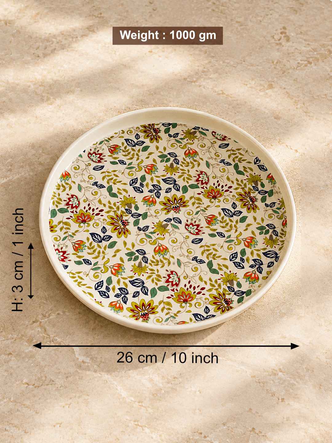 Ceramic Decal Dinner Plates with Raised Rim- Set of 2- Multicolor-26 cm