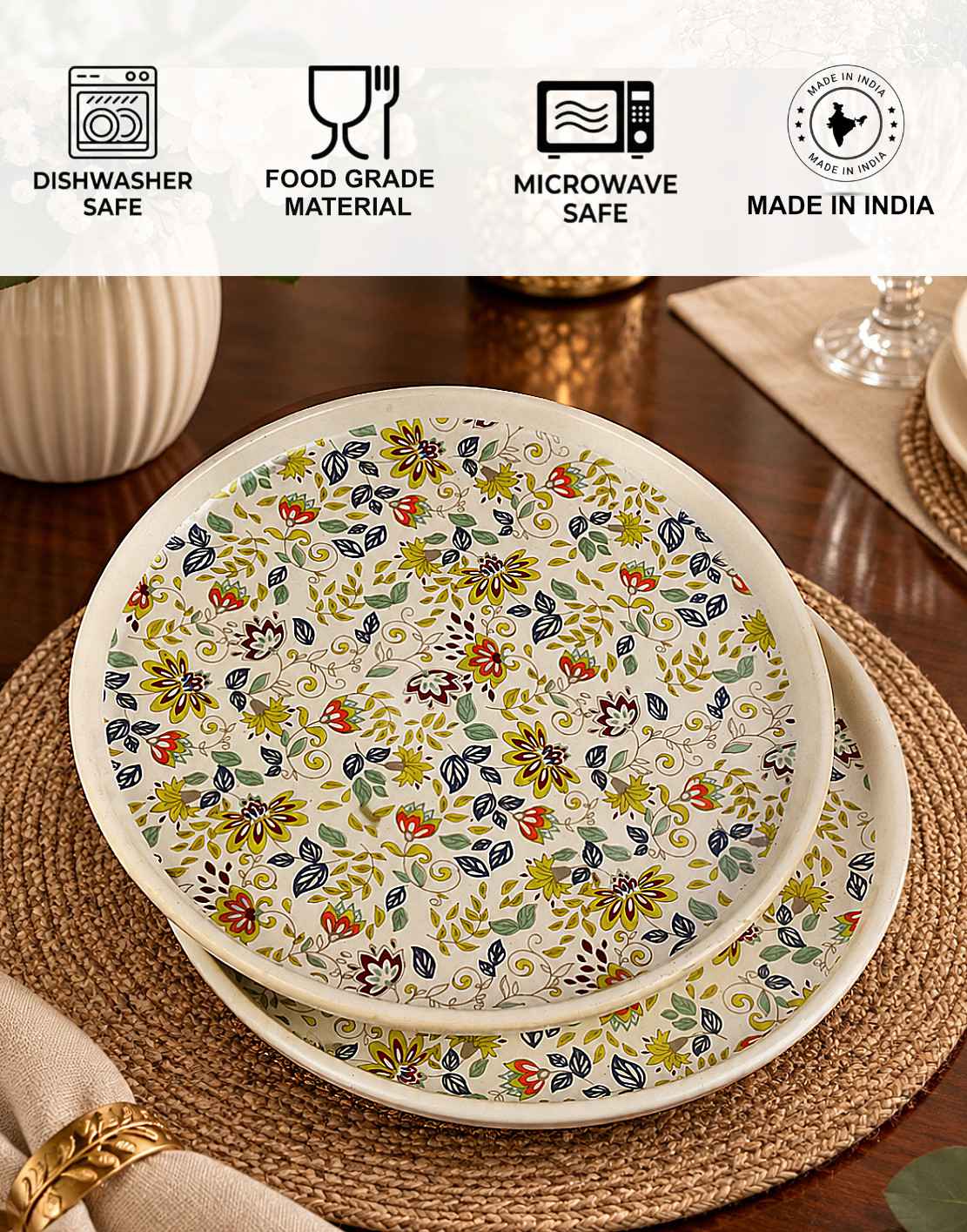 Ceramic Decal Dinner Plates with Raised Rim- Set of 2- Multicolor-26 cm