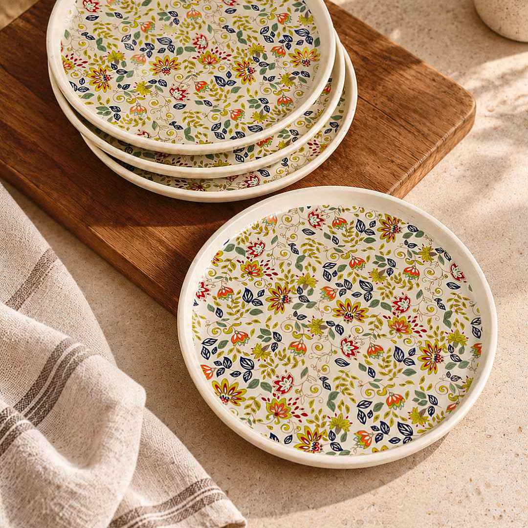 Ceramic Decal Dinner Plates with Raised Rim- Set of 4- Multicolor-26 cm