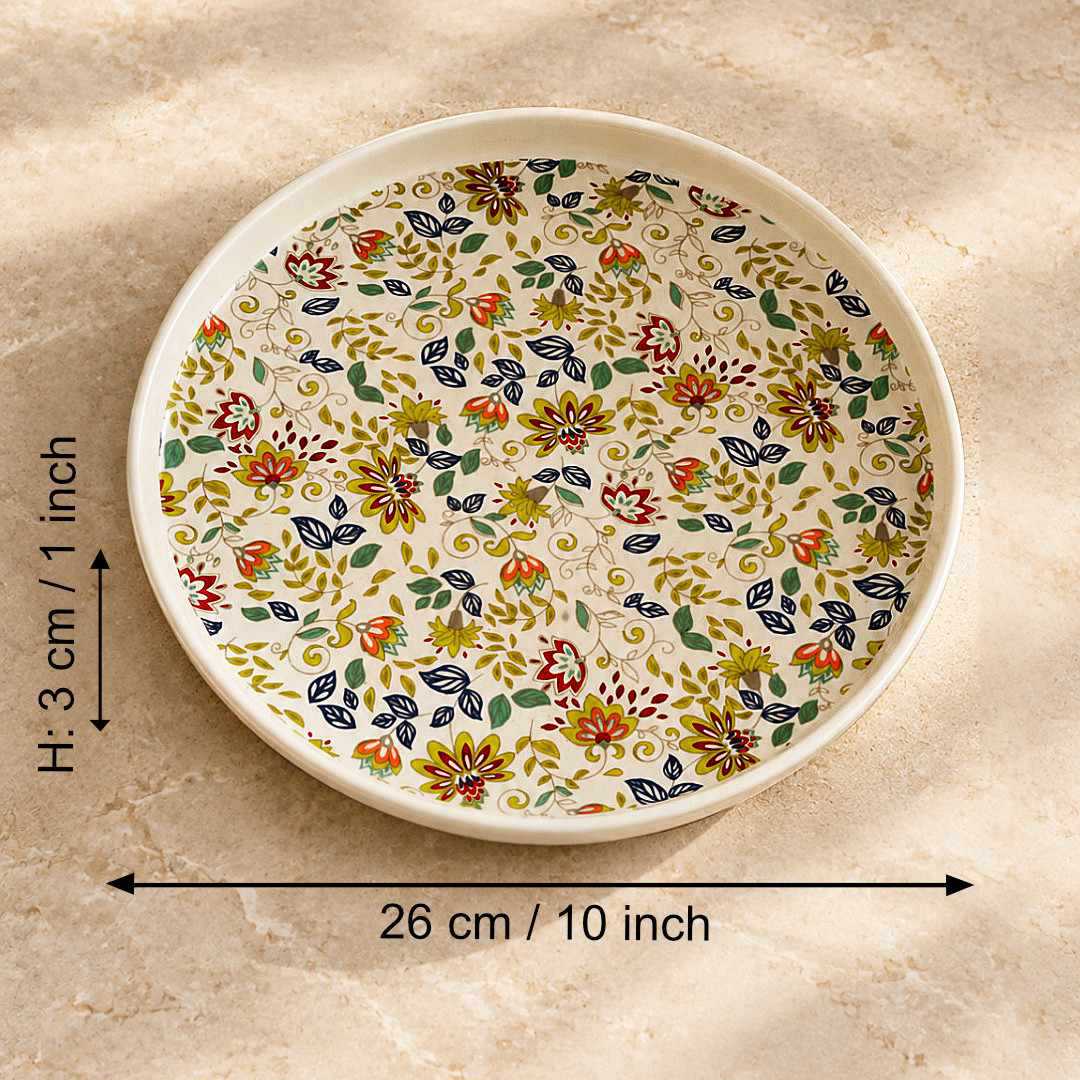 Ceramic Decal Dinner Plates with Raised Rim- Set of 4- Multicolor-26 cm