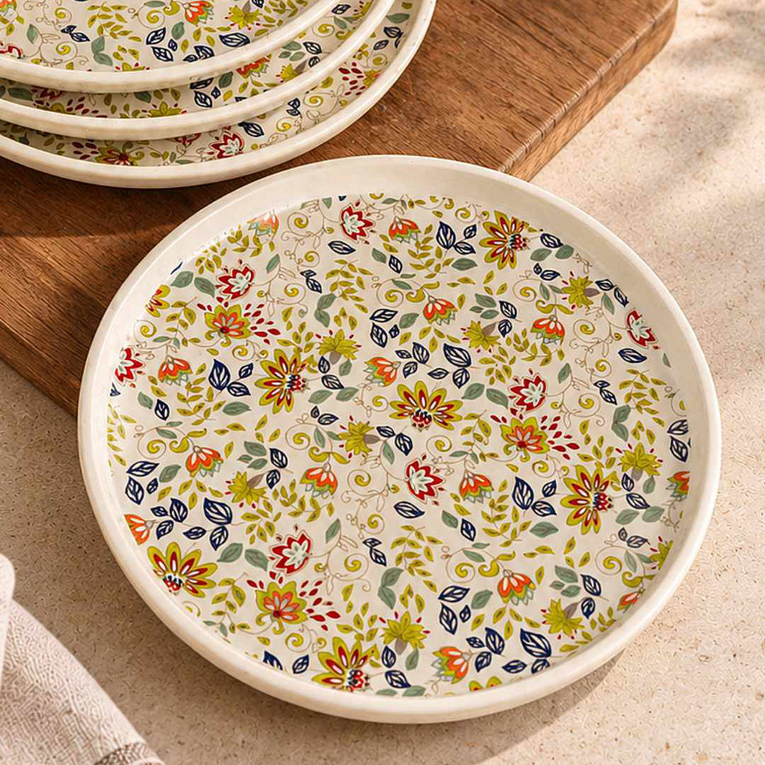 Ceramic Decal Dinner Plates with Raised Rim- Set of 4- Multicolor-26 cm