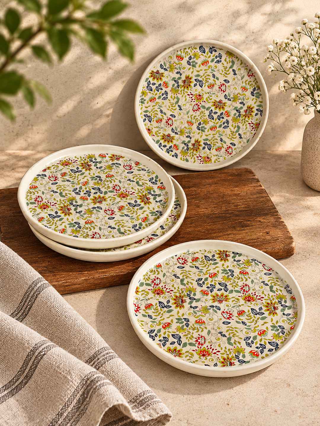 Ceramic Decal Dinner Plates with Raised Rim- Set of 4- Multicolor-26 cm