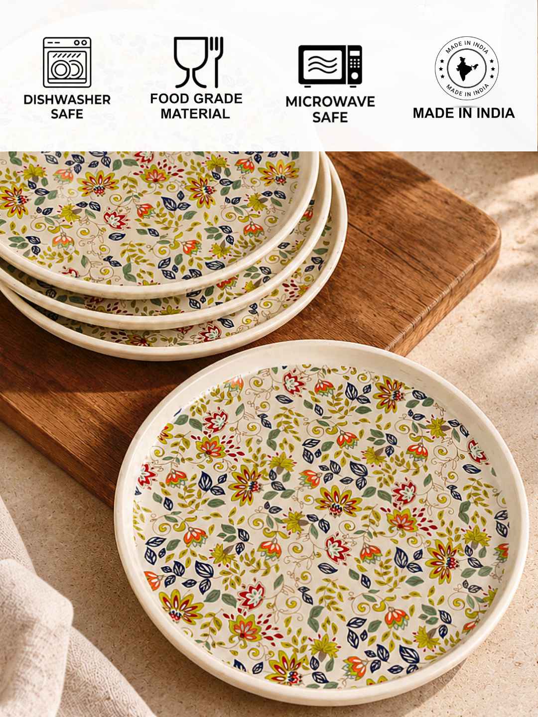 Ceramic Decal Dinner Plates with Raised Rim- Set of 4- Multicolor-26 cm
