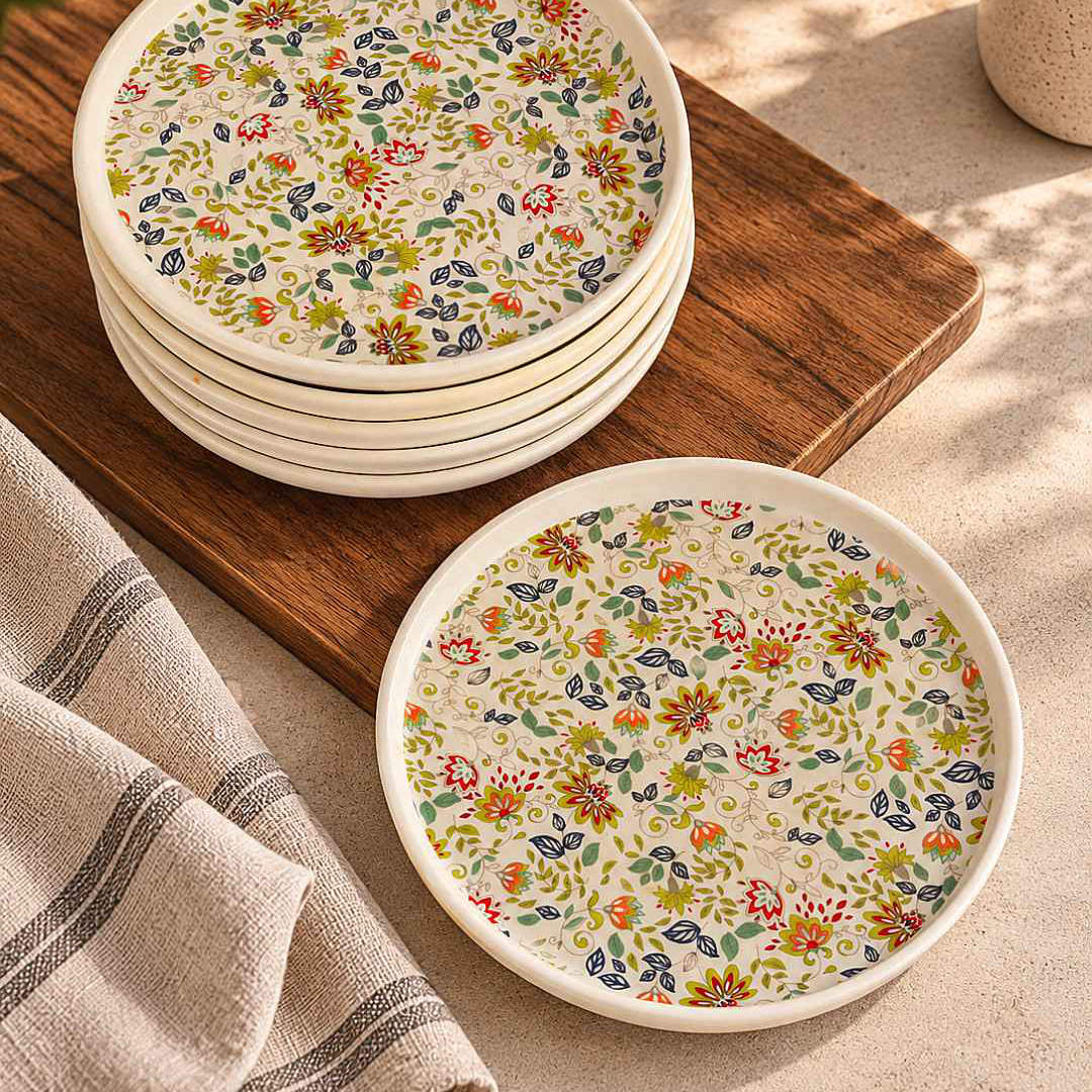 Ceramic Decal Dinner Plates with Raised Rim- Set of 6- Multicolor-26 cm