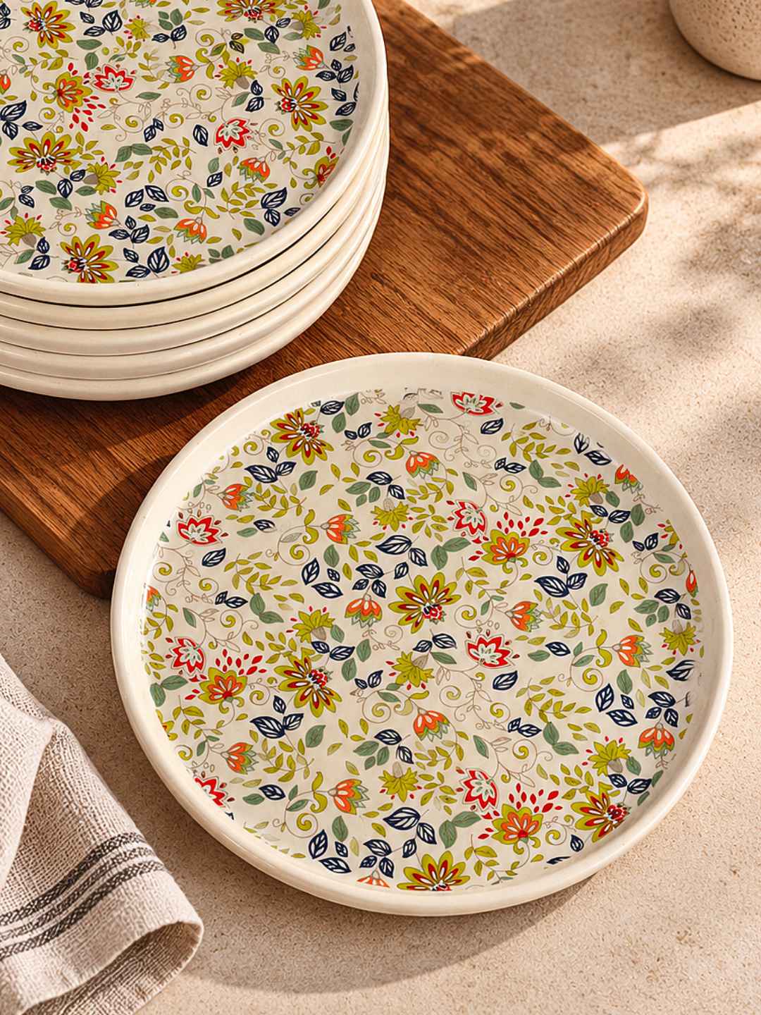 Ceramic Decal Dinner Plates with Raised Rim- Set of 6- Multicolor-26 cm