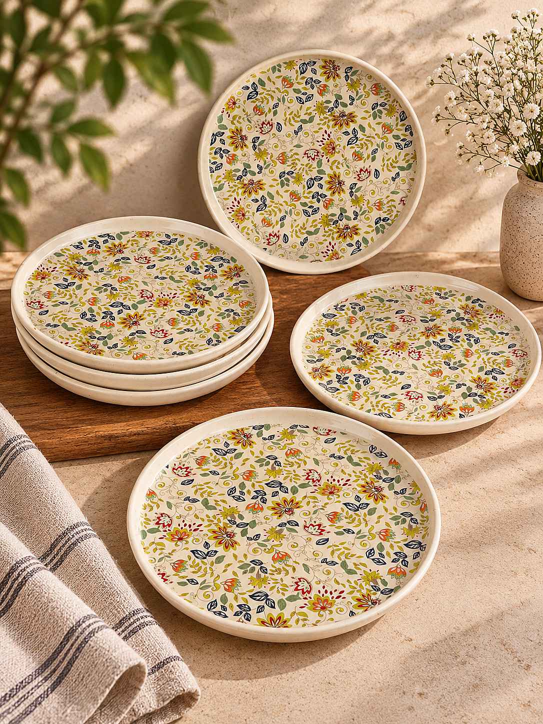 Ceramic Decal Dinner Plates with Raised Rim- Set of 6- Multicolor-26 cm