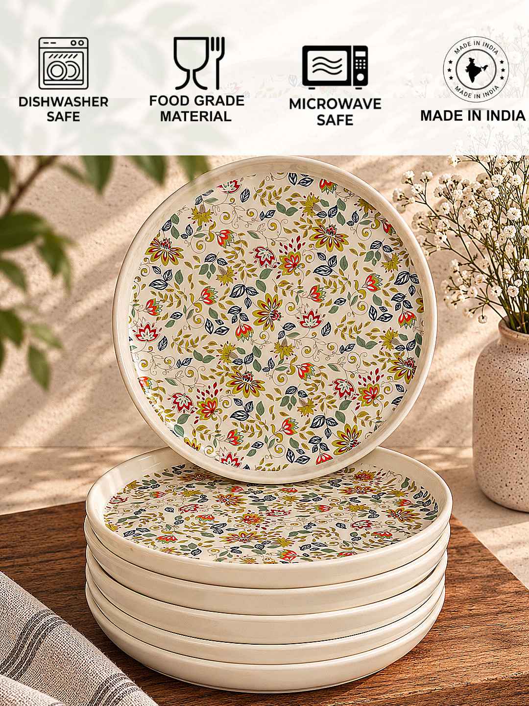 Ceramic Decal Dinner Plates with Raised Rim- Set of 6- Multicolor-26 cm