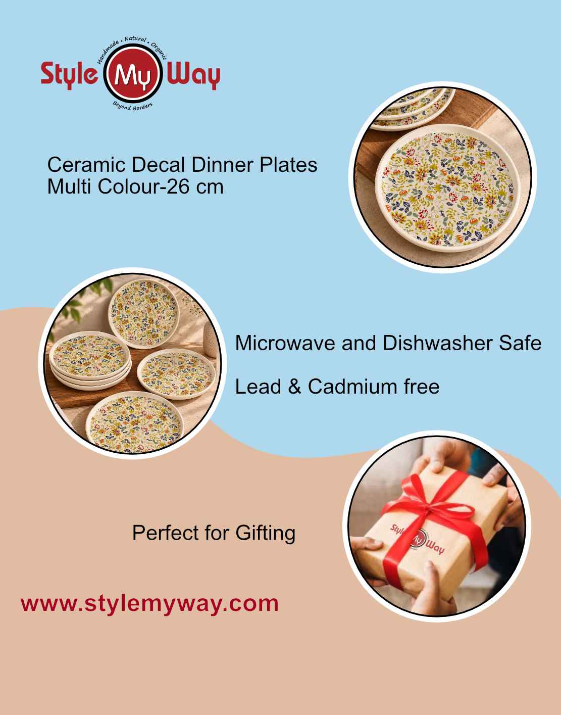 Ceramic Decal Dinner Plates with Raised Rim- Set of 6- Multicolor-26 cm