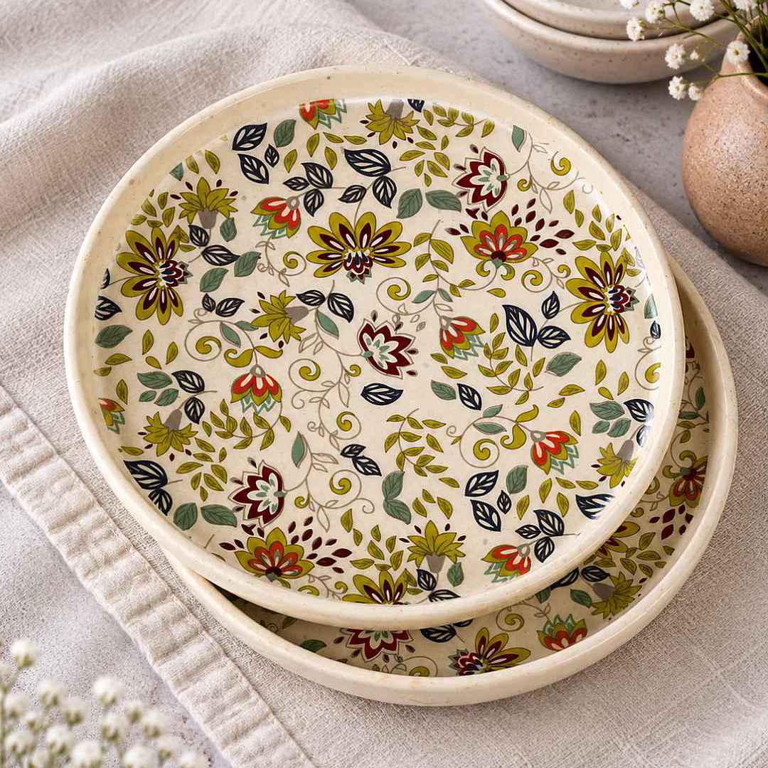 Ceramic Decal Quarter Plates with Raised Rim - Set of 2 - Multicolor-7.5 inches