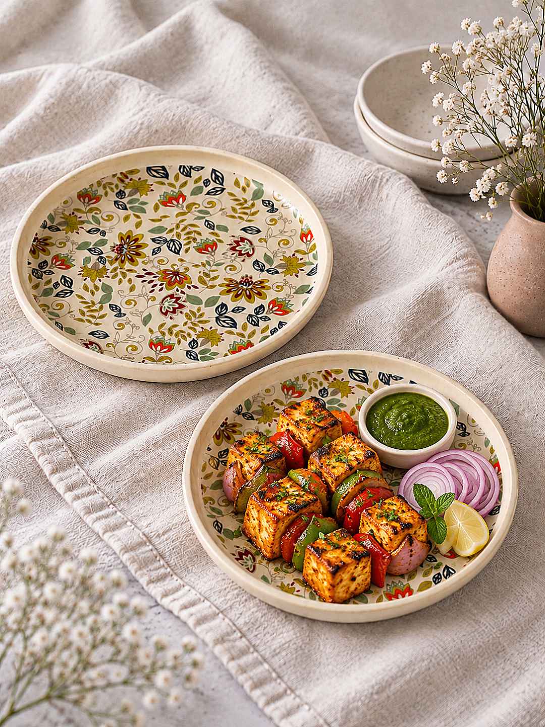 Ceramic Decal Quarter Plates with Raised Rim - Set of 2 - Multicolor-7.5 inches