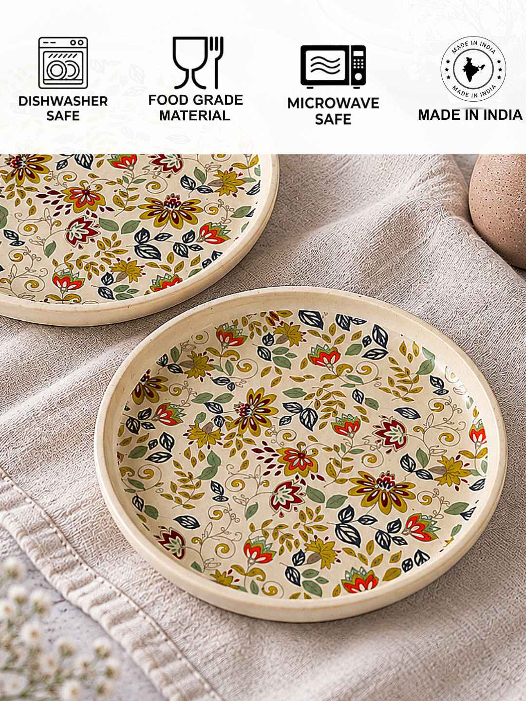 Ceramic Decal Quarter Plates with Raised Rim - Set of 2 - Multicolor-7.5 inches