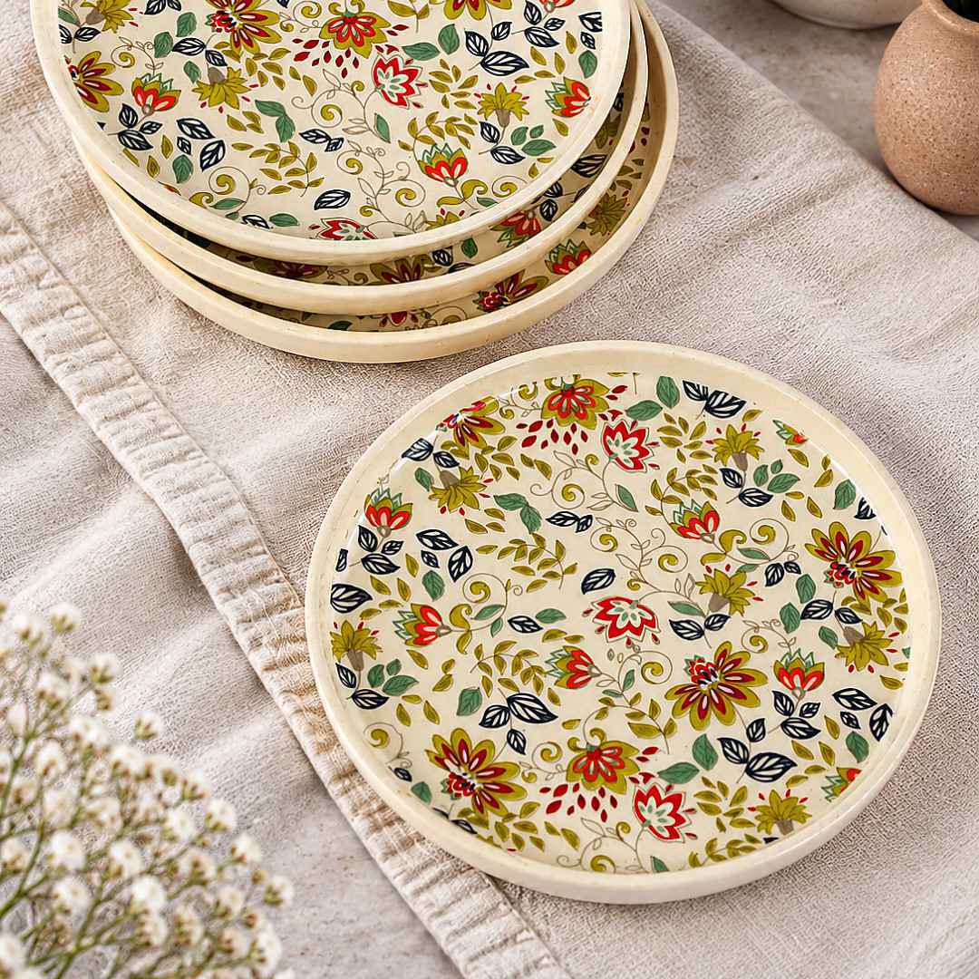 Ceramic Decal Quarter Plates with Raised Rim - Set of 4 - Multicolor-7.5 inches