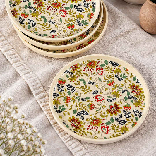 Ceramic Decal Quarter Plates with Raised Rim - Set of 4 - Multicolor-7.5 inches