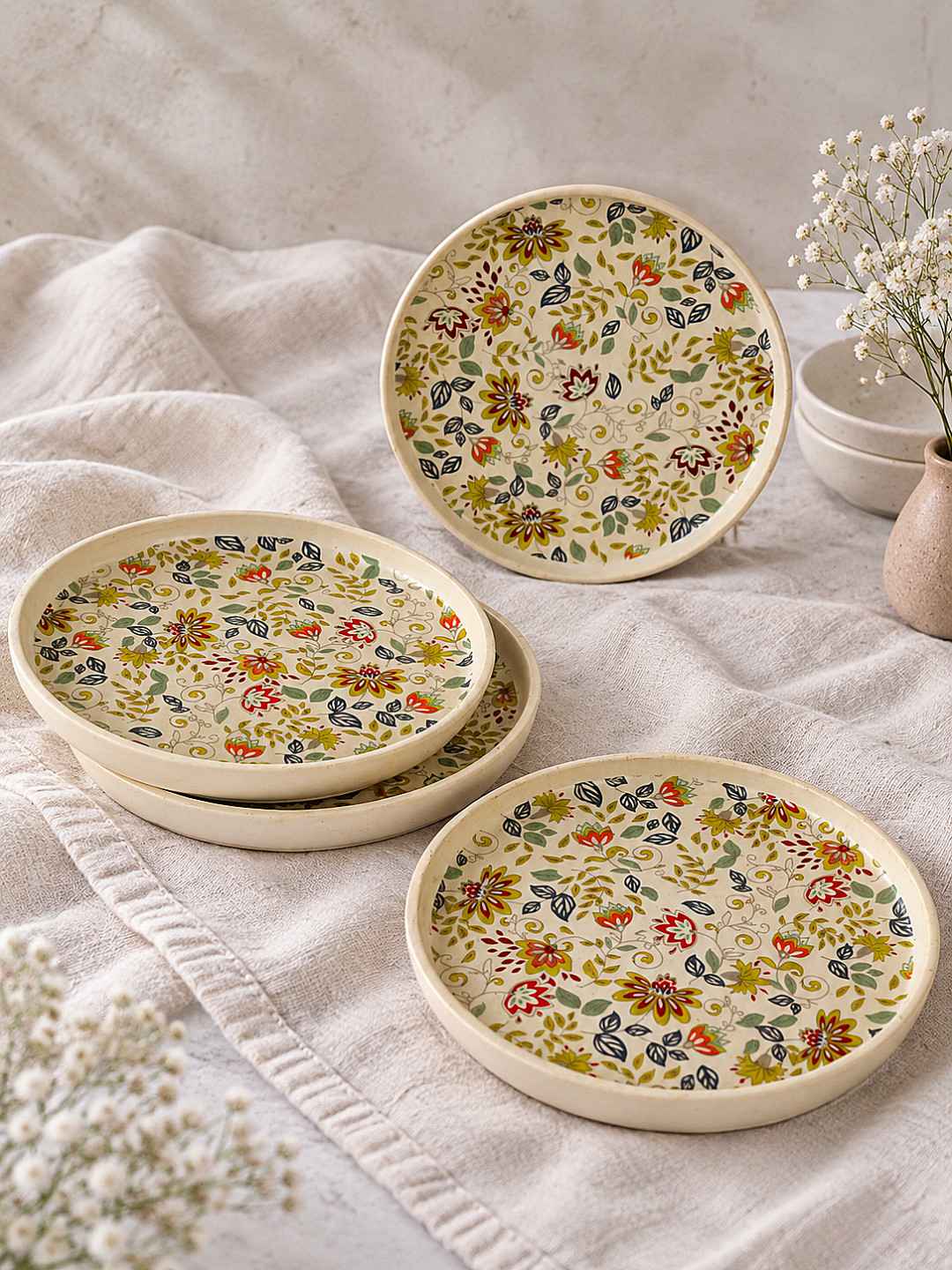 Ceramic Decal Quarter Plates with Raised Rim - Set of 4 - Multicolor-7.5 inches