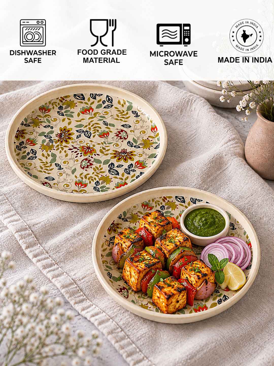 Ceramic Decal Quarter Plates with Raised Rim - Set of 4 - Multicolor-7.5 inches