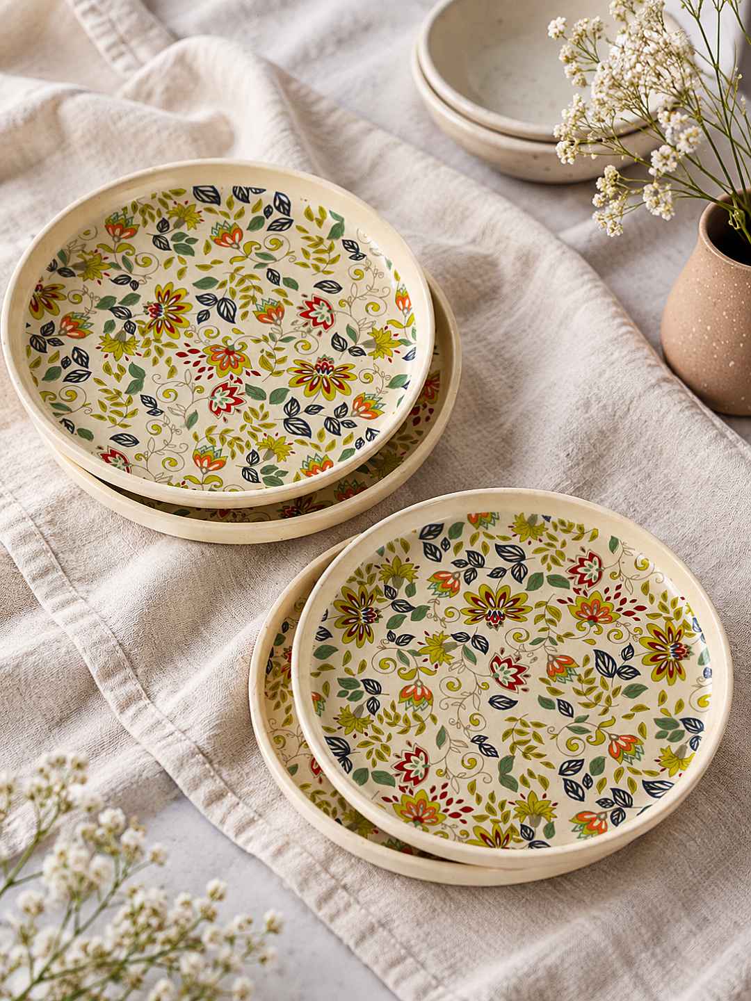 Ceramic Decal Quarter Plates with Raised Rim - Set of 4 - Multicolor-7.5 inches
