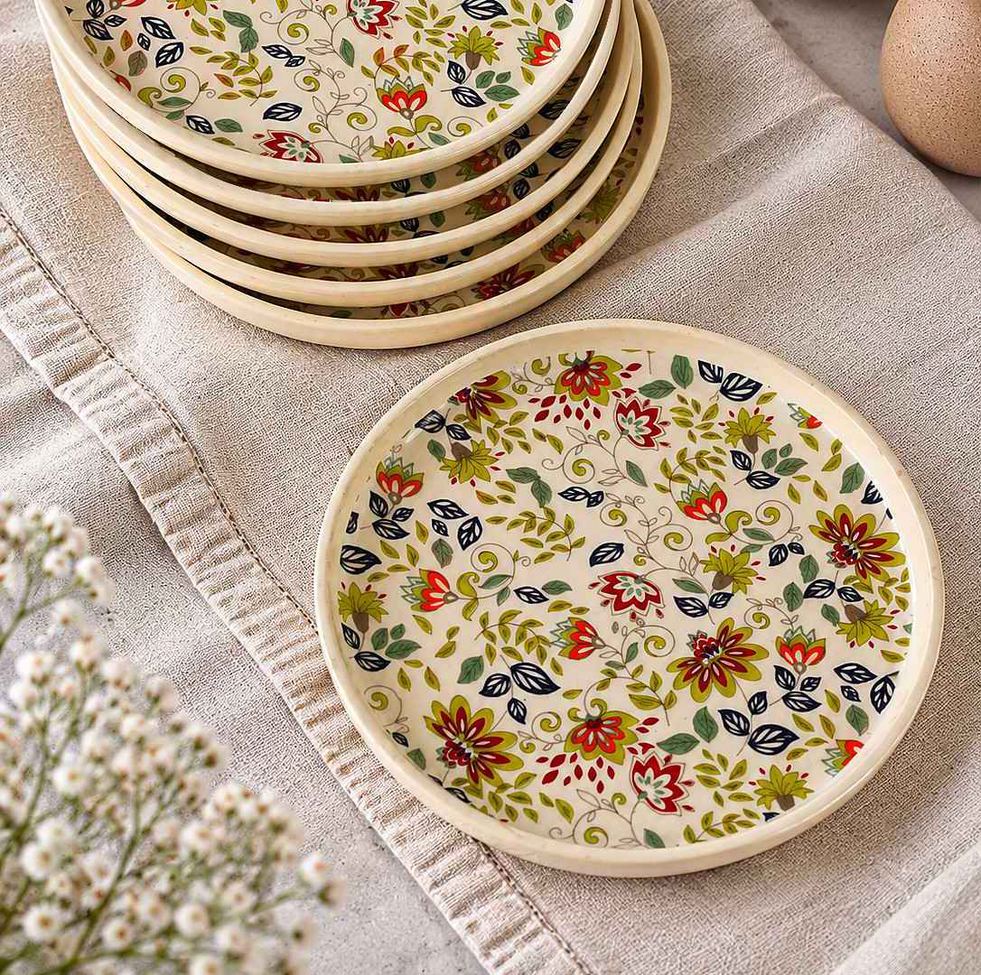Ceramic Decal Quarter Plates with Raised Rim - Set of 6 - Multicolor - 7.5 inches