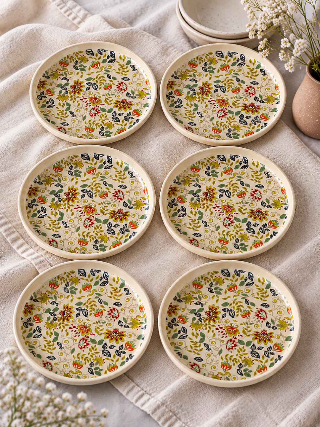 Ceramic Decal Quarter Plates with Raised Rim - Set of 6 - Multicolor - 7.5 inches