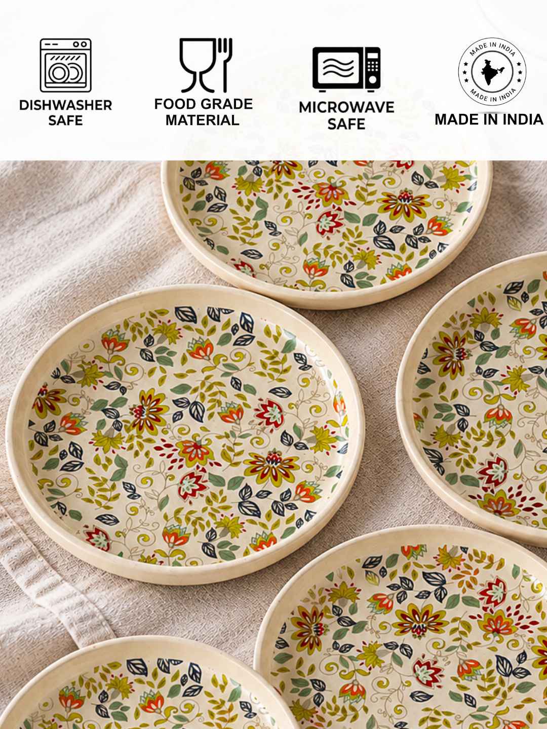 Ceramic Decal Quarter Plates with Raised Rim - Set of 6 - Multicolor - 7.5 inches