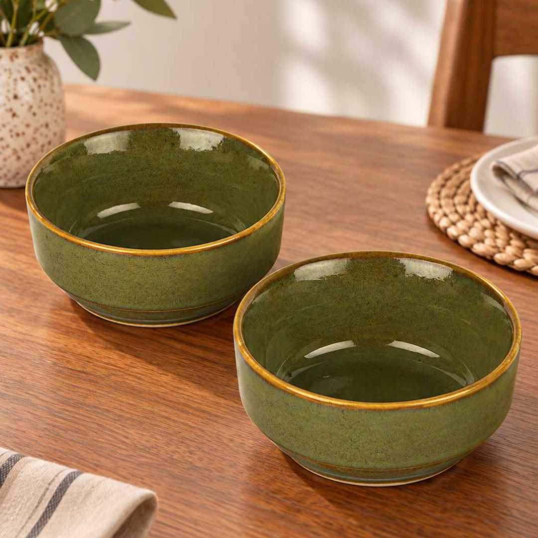 Ceramic Bowls - Olive Green with Amber Rim - Set of 2 - 4 inches - 250 ml each - 210 gm each