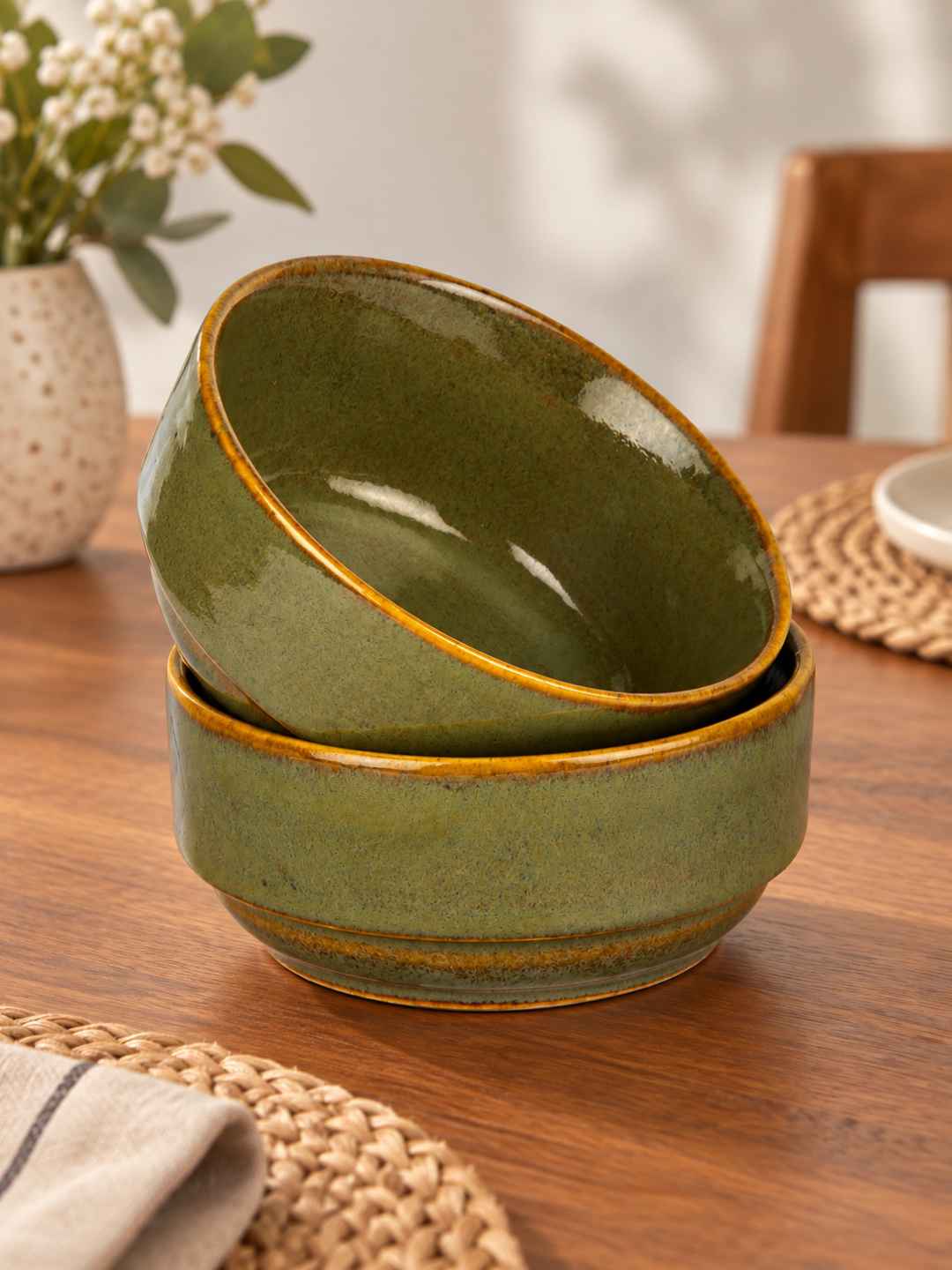 Ceramic Bowls - Olive Green with Amber Rim - Set of 2 - 4 inches - 250 ml each - 210 gm each