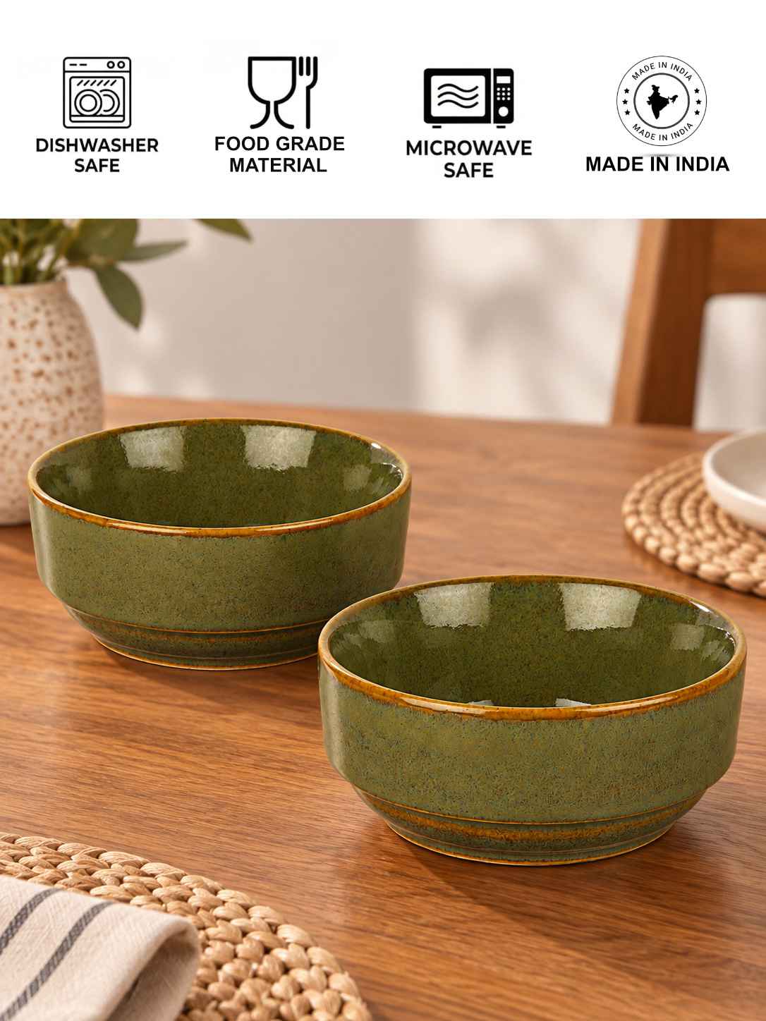 Ceramic Bowls - Olive Green with Amber Rim - Set of 2 - 4 inches - 250 ml each - 210 gm each