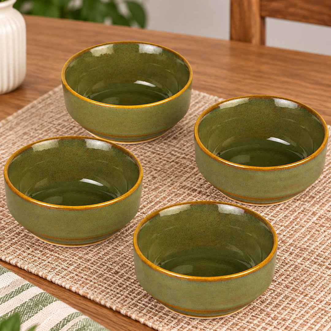 Ceramic Bowls - Olive Green with Amber Rim - Set of 4 - 4 inches - 250 ml each - 210 gm each