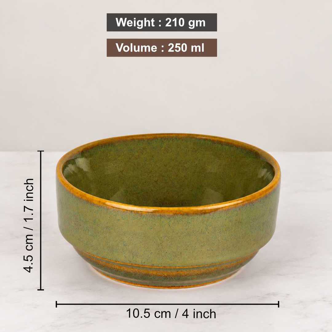 Ceramic Bowls - Olive Green with Amber Rim - Set of 4 - 4 inches - 250 ml each - 210 gm each