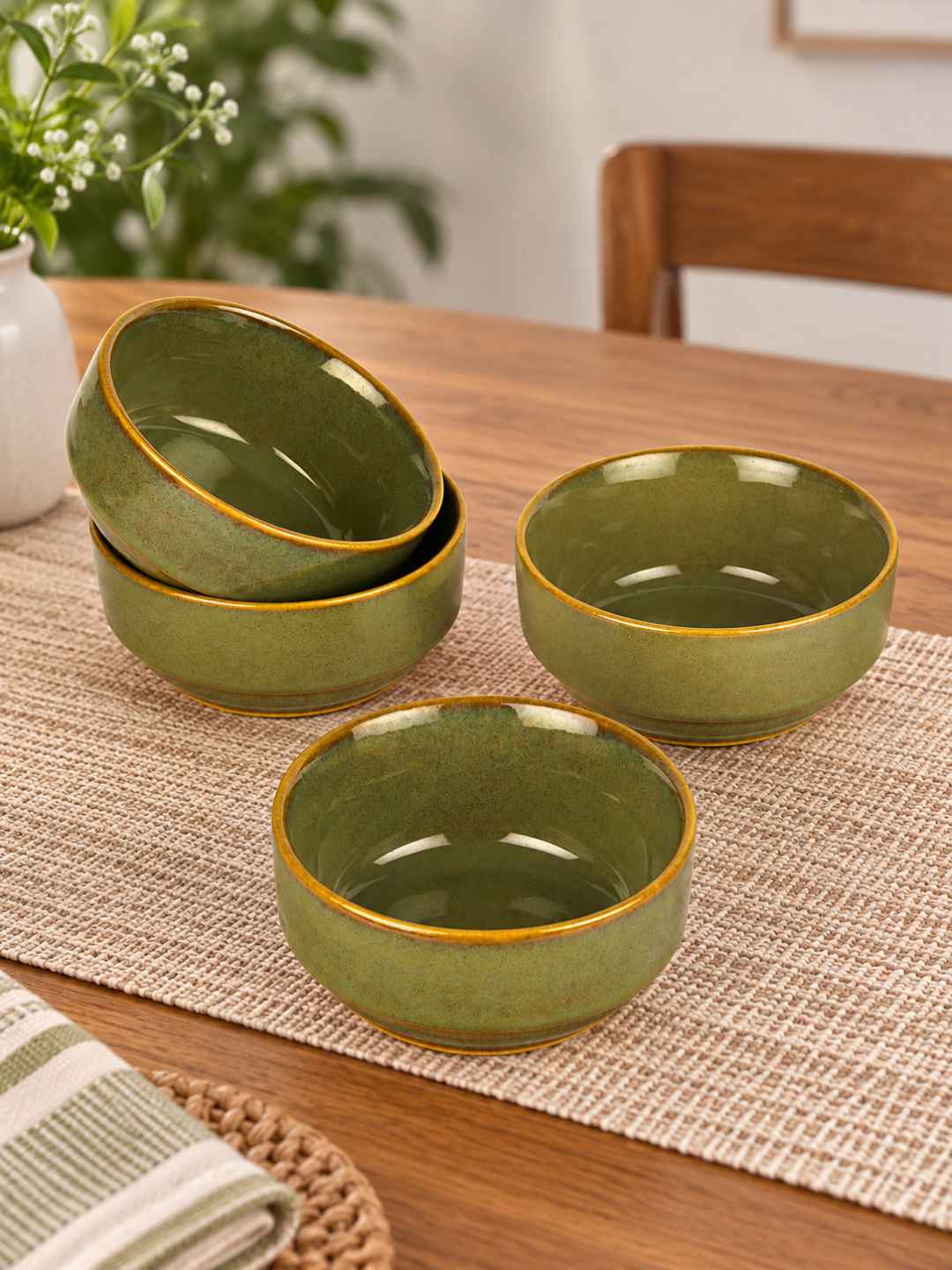 Ceramic Bowls - Olive Green with Amber Rim - Set of 4 - 4 inches - 250 ml each - 210 gm each