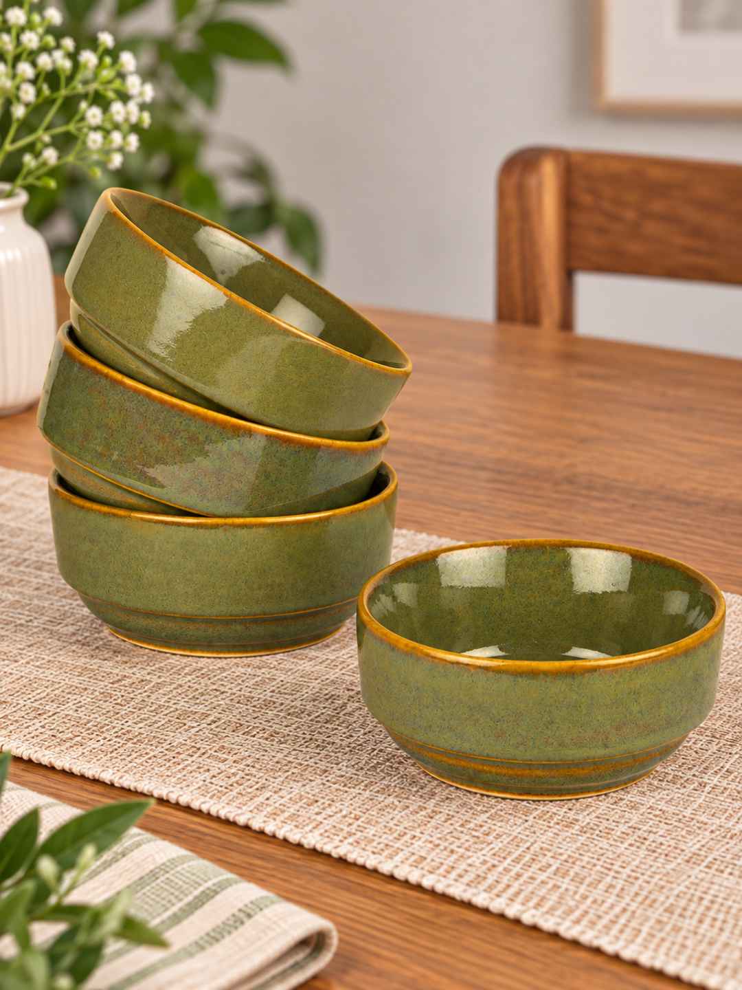 Ceramic Bowls - Olive Green with Amber Rim - Set of 4 - 4 inches - 250 ml each - 210 gm each